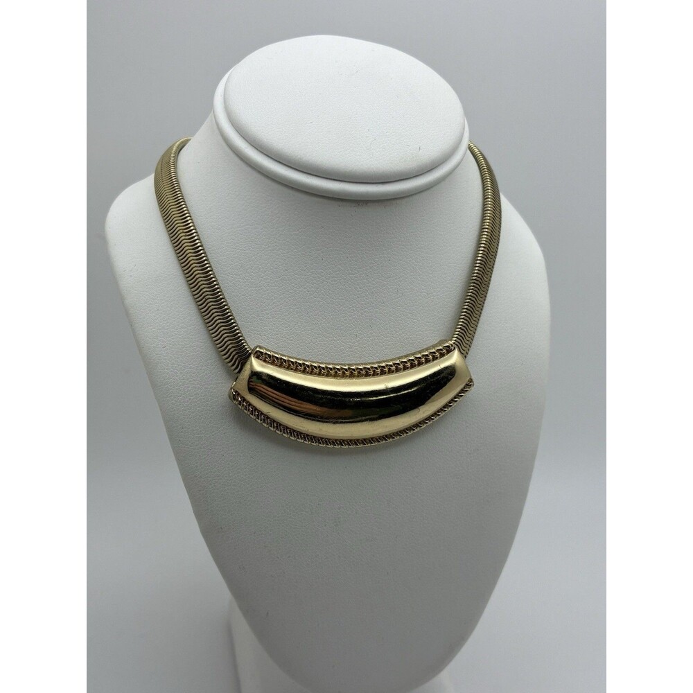 Bar Necklace Wide Snake Chain Choker Gold Tone Statement Signed “M”